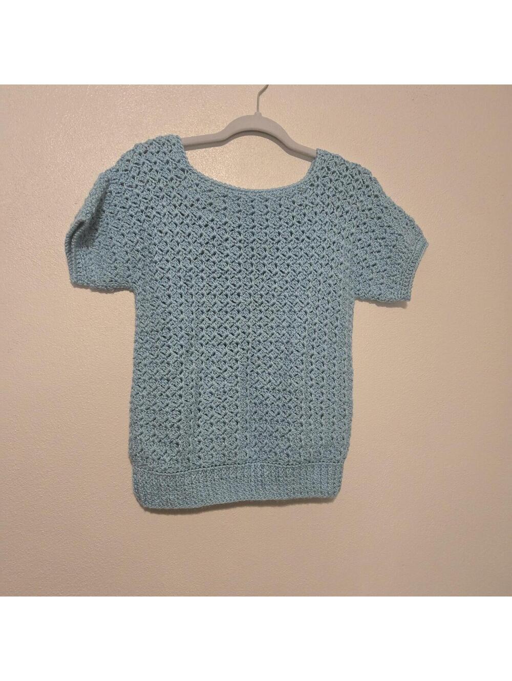 Handmade Cotton Knit Crochet Sz S/M Soft Blue Sweater Top Grannycore Coastal